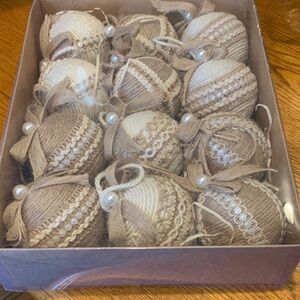 Rustic Burlap and Cream Holiday Ornaments Set
